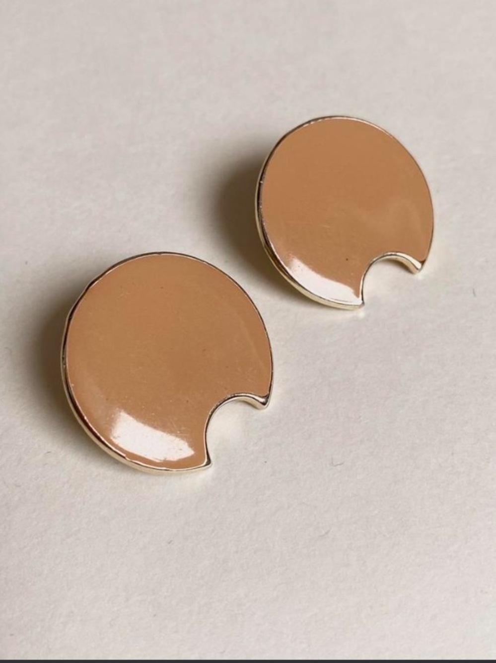 Vintage half moon geometric earrings, tan and gold